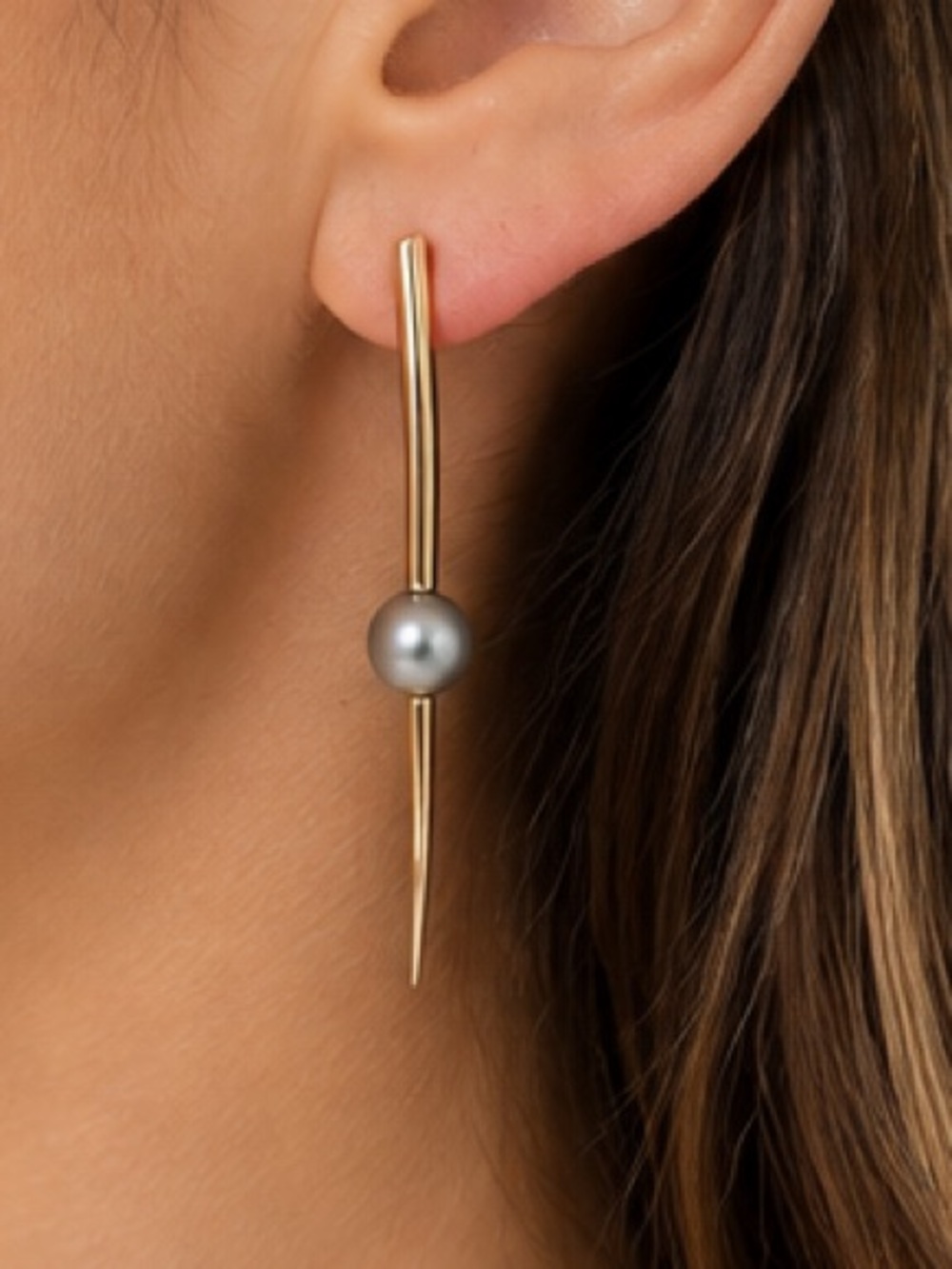 NEW - Sam Edelman Gold Curved Bar & Gray Pearl Drop Earrings 2.5"